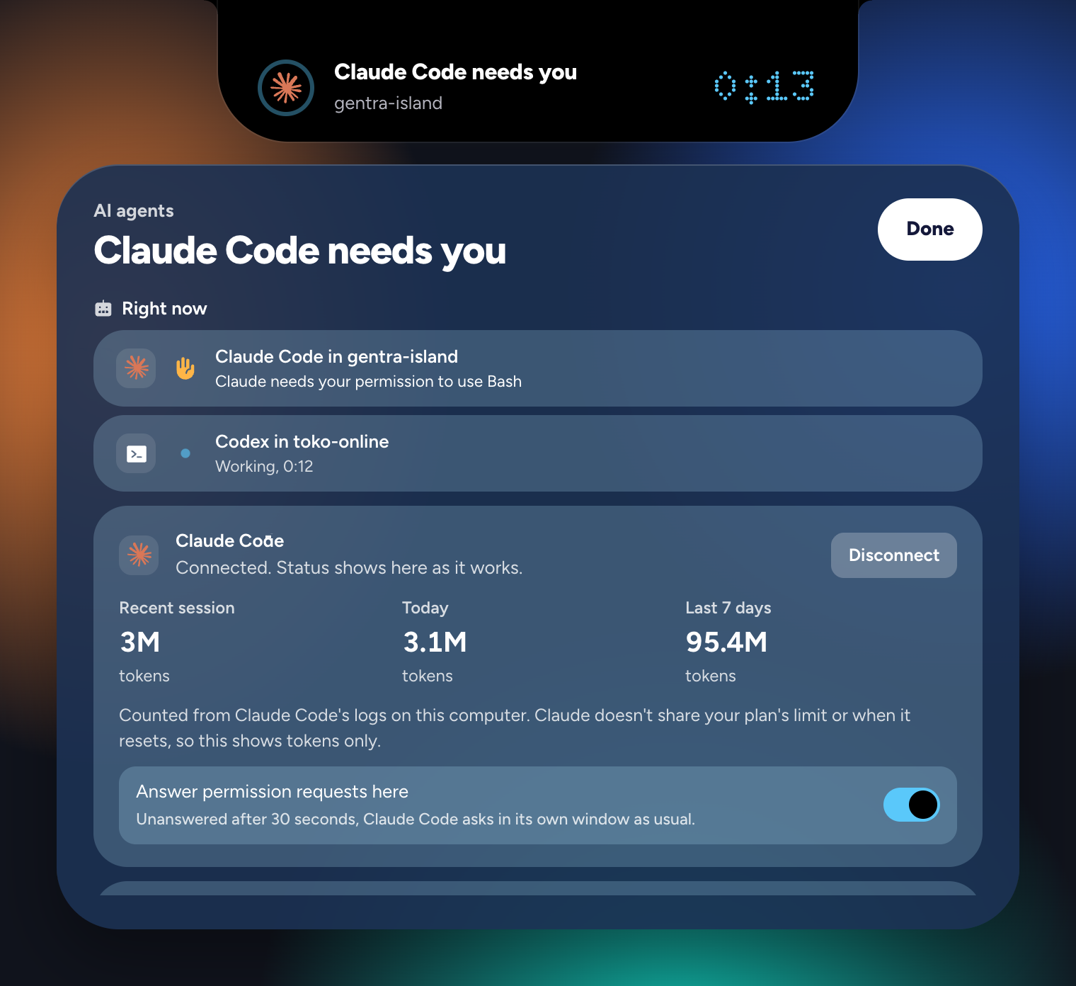 The AI agents view: Claude Code waiting for permission, Codex working, and the tokens Claude Code used in its latest session, today, and the last 7 days