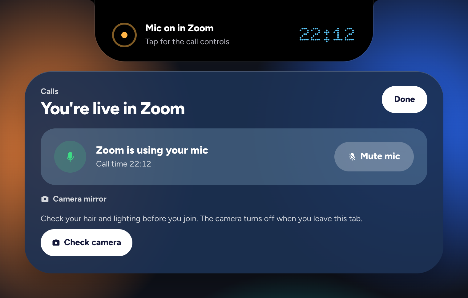 The Calls view showing which app is using the microphone, with the call time and Mute mic