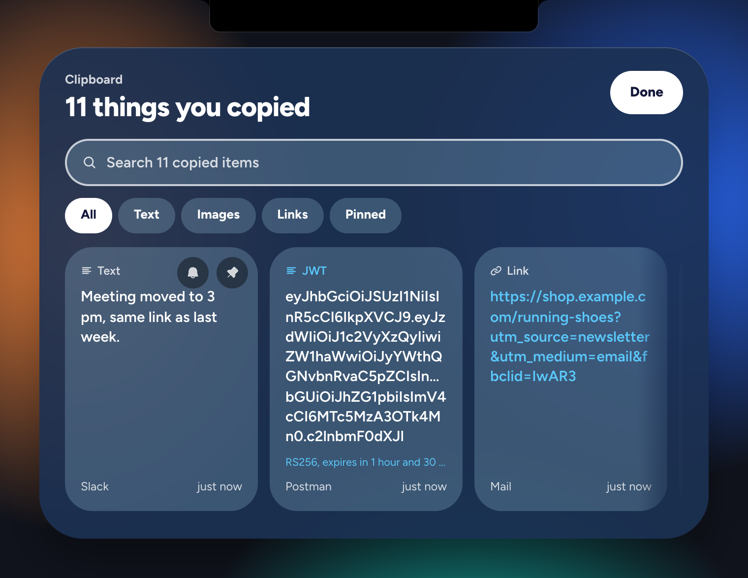 Clipboard history with search, filters, copied text, and a screenshot with Copy text