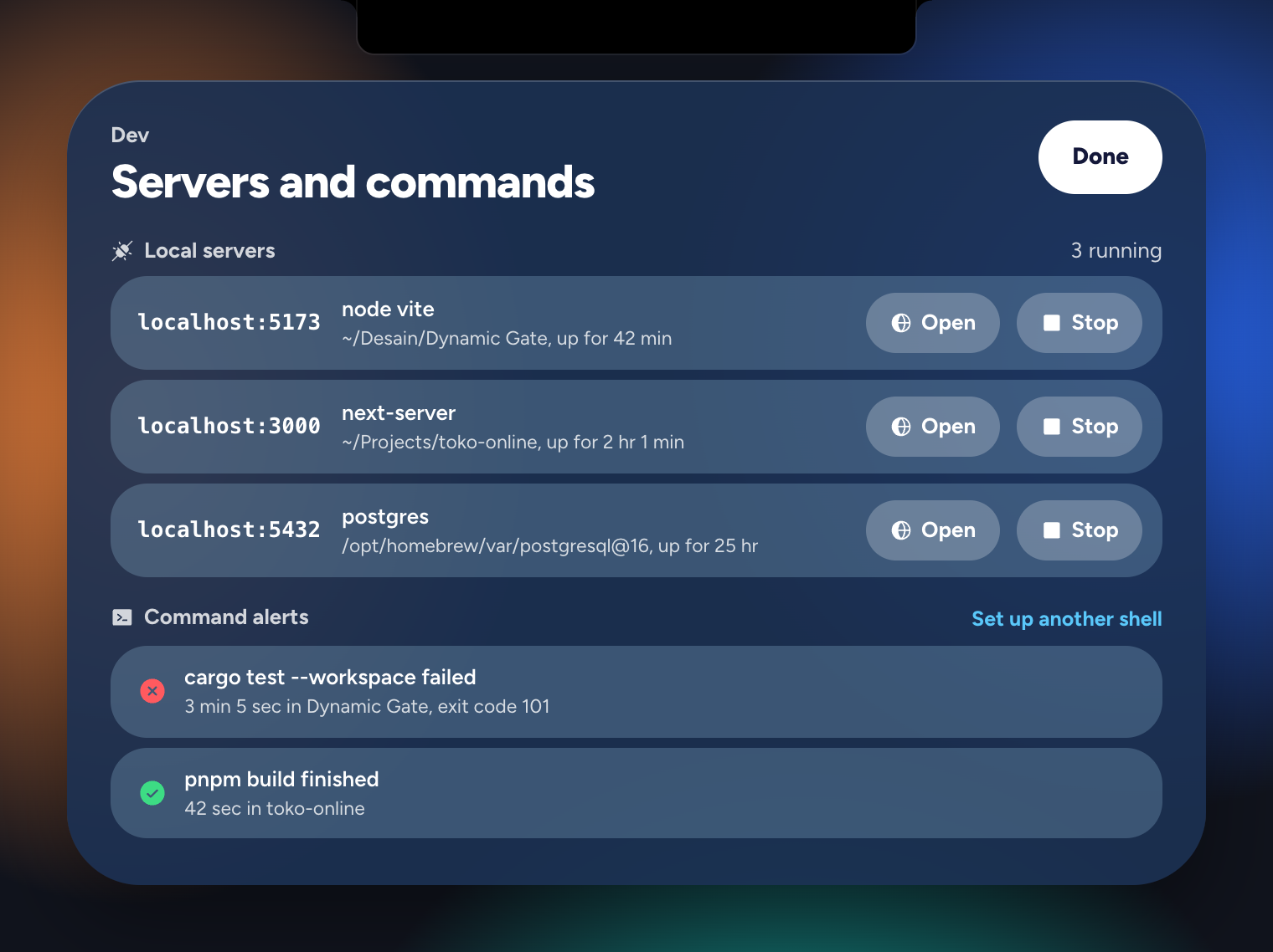 The Dev tab listing local servers by port, and finished terminal commands