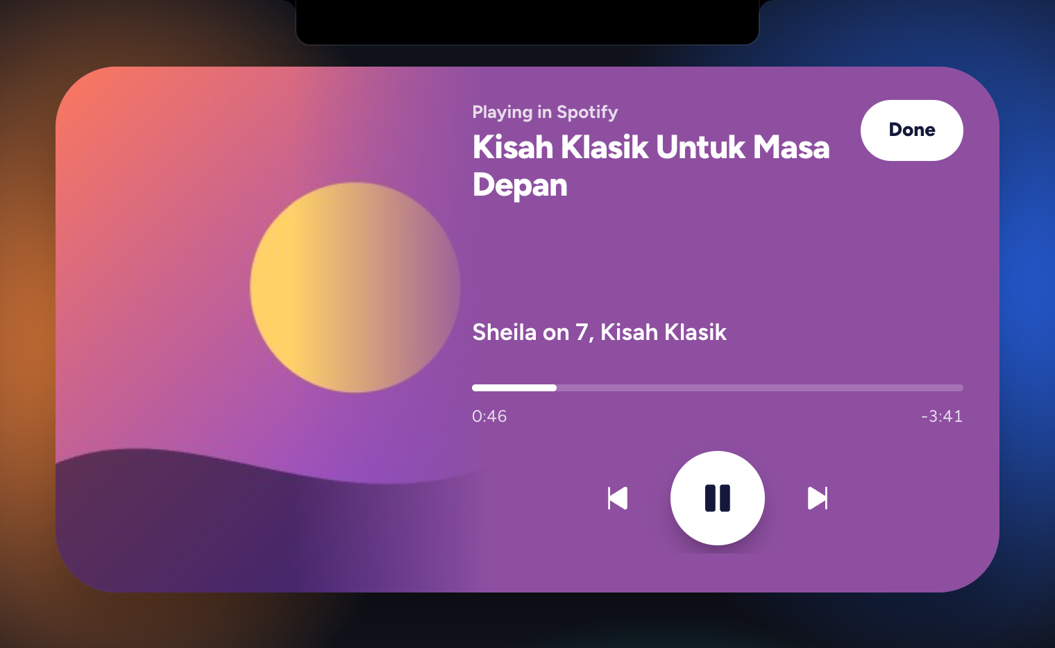The Media view: the album cover fills the left side and fades into its own color, beside the song, a timeline, and play, pause, and skip