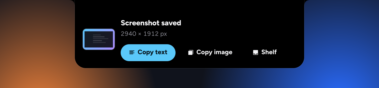 A new screenshot on the island with Copy text, Copy image, and Shelf